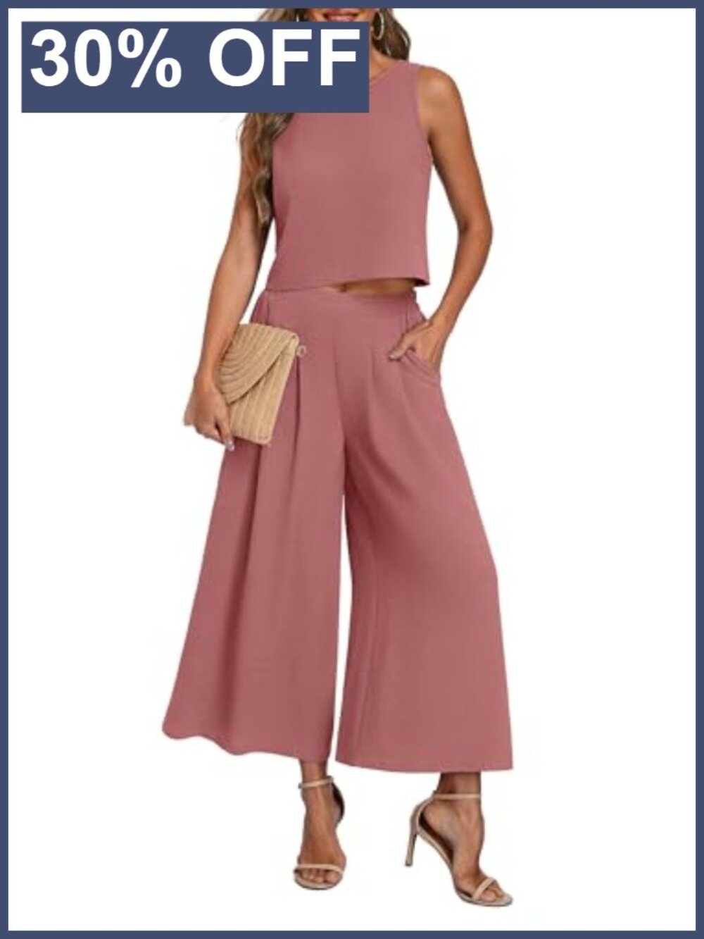 Women's 2 Piece Wide Leg Pants Set Sleeveless Crop Top Polyester